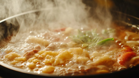 Detailed view of a steaming hot pot with a close focus on the broth and ingredients, showcasing the texture and freshness of vegetables and meat as they cook.の素材