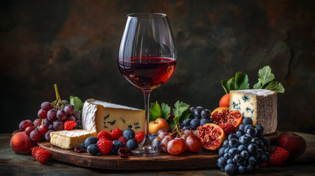 Detailed view of a wine glass filled with a vibrant red wine, surrounded by a selection of gourmet cheeses and fruits on a stylish platter.の素材