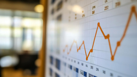 Detailed view of a financial graph showing a market forecast, with a focus on trend lines and predictive data in a modern office environment.の素材