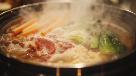 Detailed view of a steaming hot pot with a close focus on the broth and ingredients, showcasing the texture and freshness of vegetables and meat as they cook.の素材