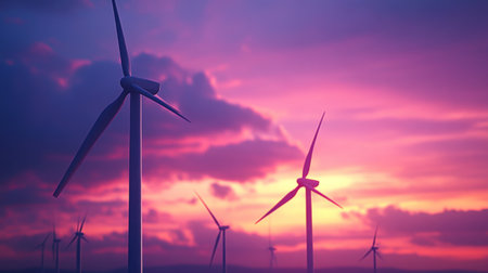 Detailed view of multiple wind turbines in a wind farm, with a focus on their tall towers and spinning blades, set against a dramatic sunset sky.の素材