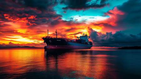 High-definition image of a cargo ship in the harbor at sunset, capturing the ship's silhouette against a vibrant sky and the reflective water surface.の素材