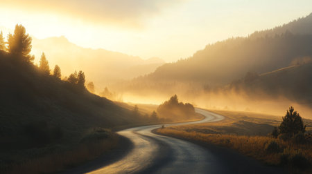 High-definition image of a mountain road at sunrise, with the early light casting a warm glow over the winding path and surrounding misty mountains.の素材