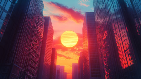 Detailed shot of the sun setting between modern high-rises, with the buildings framing the vibrant colors of the sky and the glowing orb of the sun.の素材