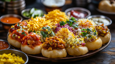 High-definition image of a platter of Indian street food, including pani puri and bhel puri, with a focus on the fresh ingredients and vibrant presentation.の素材