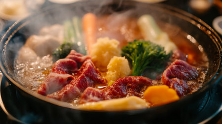 Detailed view of a steaming hot pot with a close focus on the broth and ingredients, showcasing the texture and freshness of vegetables and meat as they cook.の素材
