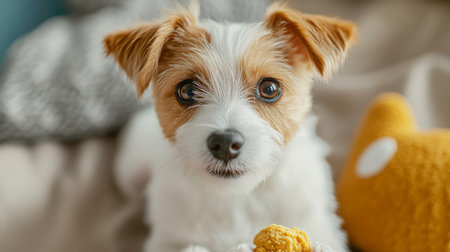 Detailed view of a small, cute dog with a bright, curious gaze, captured in a moment of playfulness with a toy or treat.の素材