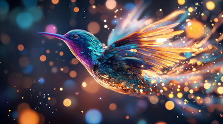 High-definition shot of a bird with bright, iridescent feathers, set against a backdrop of abstract, multicolored lights for a dynamic and eye-catching composition.の素材