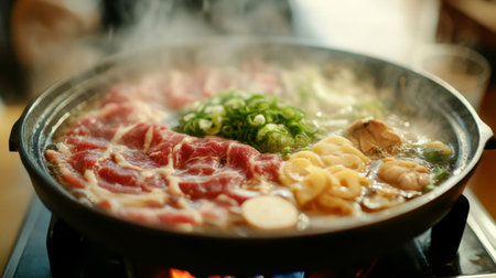 Detailed view of a hot pot with a variety of ingredients, such as thinly sliced meat and fresh vegetables, steaming and cooking in the rich, aromatic broth.の素材