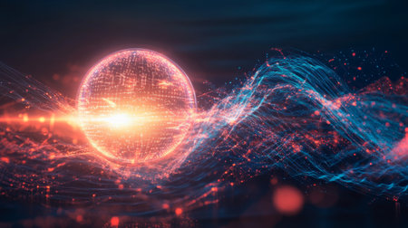 Electric waves merging into a glowing orb, representing sustainable energy, innovation, and the convergence of technology and nature.の素材