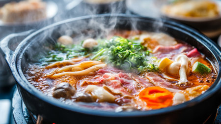 Detailed view of a hot pot with a variety of ingredients, such as thinly sliced meat and fresh vegetables, steaming and cooking in the rich, aromatic broth.の素材