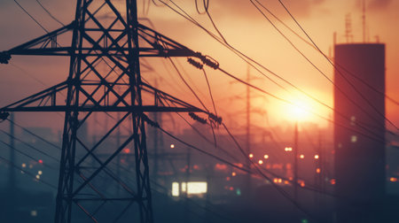 Detailed view of an electricity transmission tower at dusk, with power lines illuminated by the setting sun, creating a dramatic and industrial scene.の素材