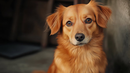 High-definition image of a dog with an expressive face and floppy ears, sitting calmly and looking directly at the camera with a lovable gaze.の素材