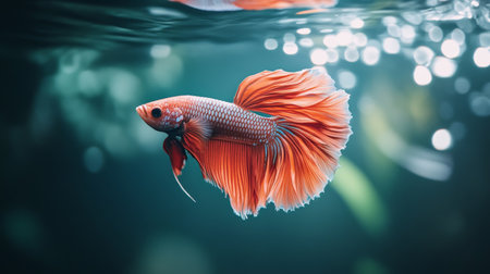 High-definition shot of a Betta fish showcasing its unique fin patterns and vibrant colors, with gentle ripples in the water adding to the serene atmosphere.の素材