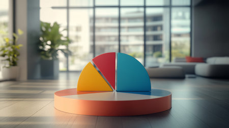 High-definition image of a 3D pie chart in a corporate setting, with clear, labeled segments and a professional, clean design to convey business data effectively.の素材