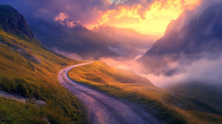 High-definition image of a mountain road at sunrise, with the early light casting a warm glow over the winding path and surrounding misty mountains.の素材