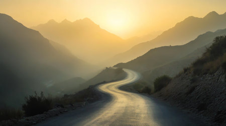 High-definition image of a mountain road at sunrise, with the early light casting a warm glow over the winding path and surrounding misty mountains.の素材
