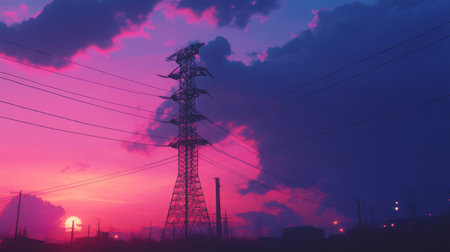 Detailed view of an electricity transmission tower at dusk, with power lines illuminated by the setting sun, creating a dramatic and industrial scene.の素材