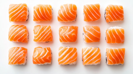 High-definition image of raw salmon sushi pieces arranged on a white background, highlighting the freshness and vibrant color of the fish.の素材