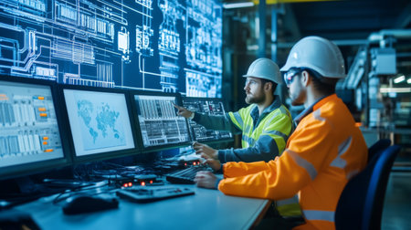 Engineers in a power plant monitoring electric waves through advanced digital systems, showing how modern energy infrastructures are controlled.の素材