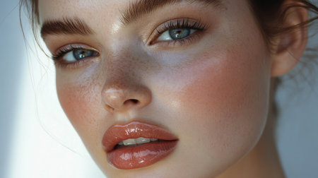 Detailed shot of a woman with perfect makeup application, including defined brows, radiant foundation, and glossy lips, emphasizing her polished beauty.の素材