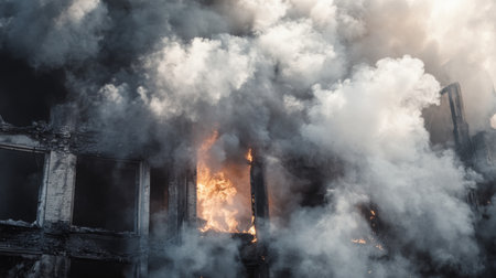 Detailed shot of smoke rising from a burning building, with a focus on the thick, gray smoke and the flames partially obscured in the background.の素材