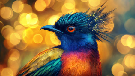 Detailed view of a colorful bird in sharp focus, with a softly glowing background of light patterns that create a harmonious and visually appealing contrast.の素材