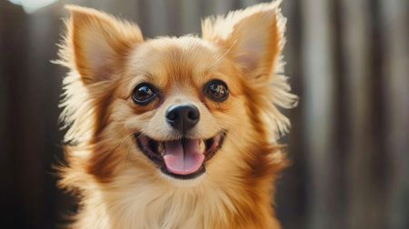 Detailed shot of a small dog with a cheerful demeanor, sitting with its tongue out and eyes sparkling, emphasizing its playful personality.の素材