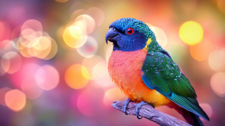 Detailed view of a colorful bird in sharp focus, with a softly glowing background of light patterns that create a harmonious and visually appealing contrast.の素材