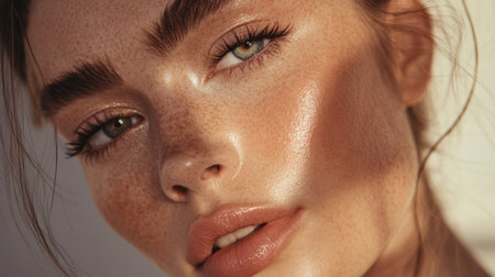 Detailed view of a woman with elegant makeup, including contouring and highlighting, with soft, natural light enhancing her beauty and makeup artistry.の素材