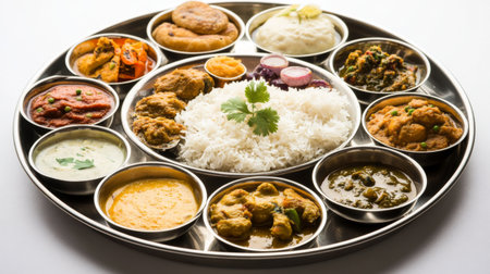 Detailed view of a traditional Indian thali, featuring a variety of small dishes including curries, rice, and pickles, arranged on a metal tray.の素材