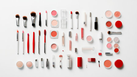 Detailed shot of an assortment of cosmetic items, including lipsticks, compact powders, and brushes, all set against a white background for clarity.の素材