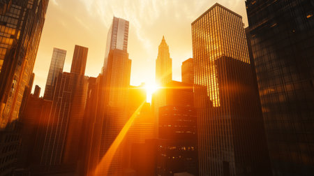 Detailed shot of the sun setting behind a cluster of high-rise buildings, with the sun rays spilling between the structures and creating a beautiful cityscape.の素材