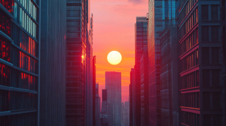 Detailed shot of the sun setting between modern high-rises, with the buildings framing the vibrant colors of the sky and the glowing orb of the sun.の素材