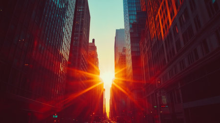 Detailed shot of the sun setting between modern high-rises, with the buildings framing the vibrant colors of the sky and the glowing orb of the sun.の素材
