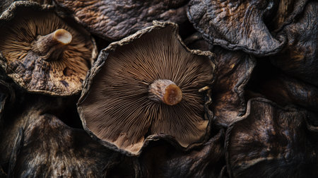 Detailed shot of dried shiitake mushrooms, showcasing their wrinkled texture and deep, rich color, emphasizing their dried and preserved state.の素材