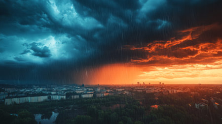 Detailed view of a summer storm with torrential rain and thunderclouds, showing a cityscape affected by the heavy weather and darkening skies.の素材