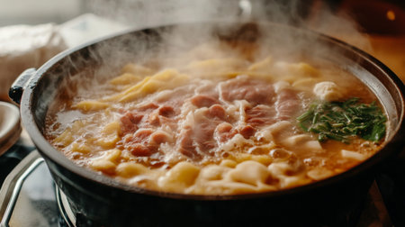 Detailed view of a hot pot with a variety of ingredients, such as thinly sliced meat and fresh vegetables, steaming and cooking in the rich, aromatic broth.の素材