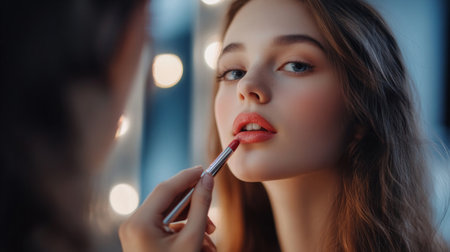 Detailed shot of a woman applying lipstick in a mirror, with her makeup perfectly done, emphasizing her attention to detail and beauty routine.の素材