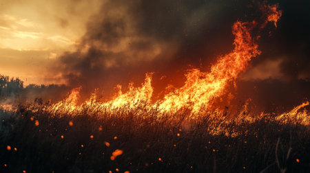 High-definition shot of a fire burning through a field, with the blaze spreading rapidly and smoke rising against a backdrop of dry vegetation.の素材