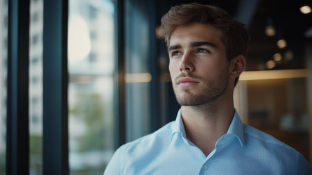 High-definition shot of a young businessman in a stylish office, looking out of a window with a thoughtful expression, showcasing contemplation and leadership.の素材