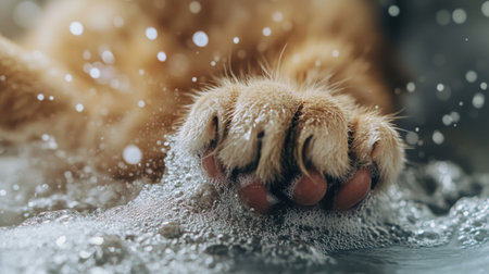 High-definition shot of a cat's paws and fur being rinsed in a bath, with water droplets and bubbles clearly visible, capturing the details of the bathing process.の素材