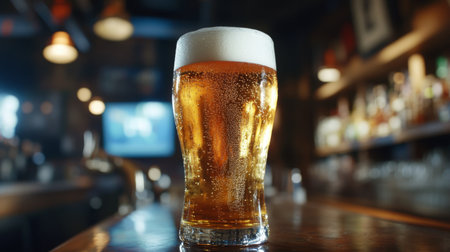 High-definition shot of a glass of beer with a frothy head and a few bubbles rising, captured against a backdrop of a lively bar scene.の素材