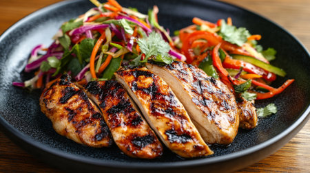 High-definition shot of a plate with charred grilled chicken and a generous serving of papaya salad, showcasing the contrasting textures and vibrant colors.の素材