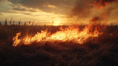 High-definition shot of a fire burning through a field, with the blaze spreading rapidly and smoke rising against a backdrop of dry vegetation.の素材