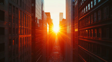 High-definition view of a sunset between two tall buildings, with the sun casting a warm, orange hue across the urban landscape and creating striking contrasts.の素材