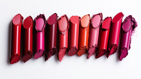 High-definition shot of a set of lipsticks in various shades, arranged artistically on a white background to emphasize their diversity and appeal.の素材