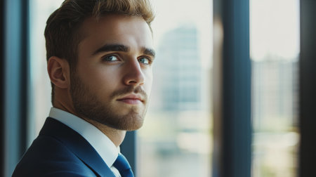High-definition shot of a young businessman in a stylish office, looking out of a window with a thoughtful expression, showcasing contemplation and leadership.の素材