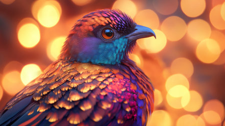 High-resolution close-up of a beautiful bird with intricate plumage, set against a backdrop of warm, glowing lights that enhance its vivid colors.の素材