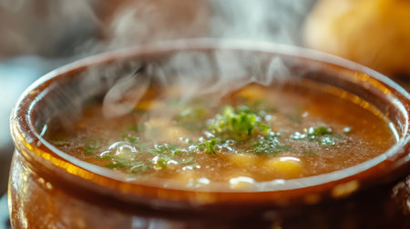 High-resolution close-up of a bowl of hot soup with a rich, golden color and steam rising from it, showcasing the appetizing texture and freshness.の素材